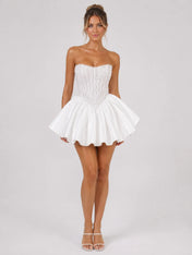 Elegant Strapless Lace Corset Mini Wedding Dress with Flared Satin Skirt and Lace-Up Back