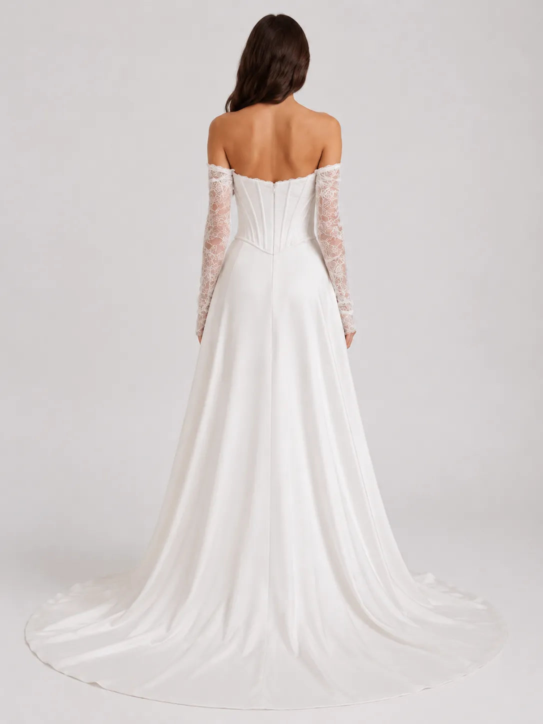 Strapless Corset Satin A-Line Wedding Dress with 3D Flower and Lace Sleeves