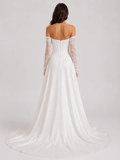 Strapless Corset Satin A-Line Wedding Dress with 3D Flower and Lace Sleeves