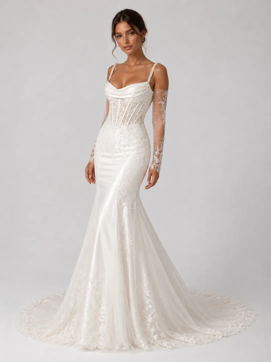 Elegant Pearl Strap Mermaid Wedding Dress with Draped Neckline, Lace Sleeves and Chapel Train