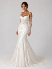 Elegant Pearl Strap Mermaid Wedding Dress with Draped Neckline, Lace Sleeves and Chapel Train
