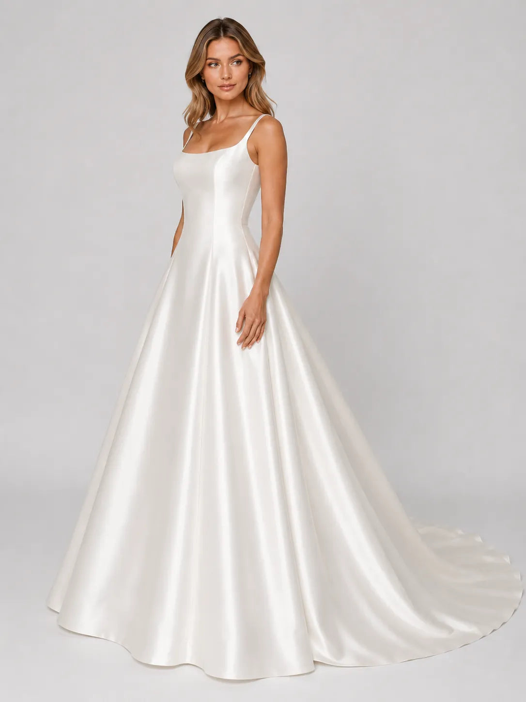 Elegant Square Neck Satin A-Line Wedding Dress with Low Scoop Back and Chapel Train