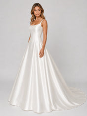 Elegant Square Neck Satin A-Line Wedding Dress with Low Scoop Back and Chapel Train