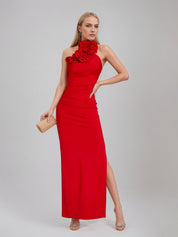 Red Floral Ruched Halter Maxi Dress