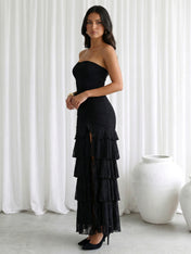 Black Strapless Chiffon Tiered Maxi Dress with Slit