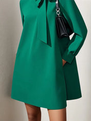 Green Bow Classic Tie Neck Long Sleeve A-Line Mini Dress