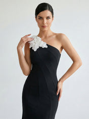 Black One-Shoulder 3D Floral Appliqué Mermaid Midi Dress
