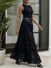 Midnight Black Lace Hollow Out Crew Neck Sleeveless A-Line Maxi Dress