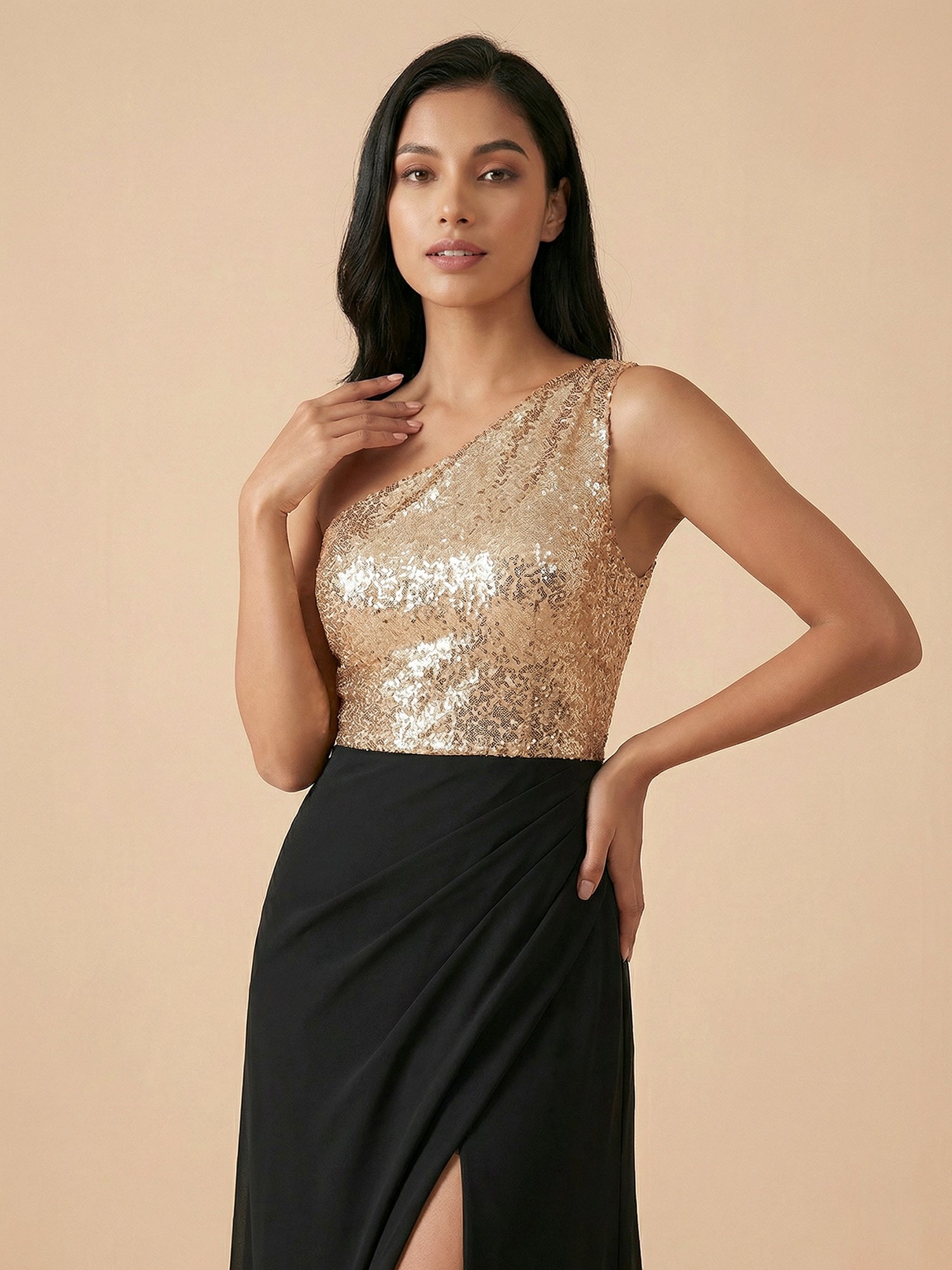 Elegant One-Shoulder Sequin Evening Gown with High Slit