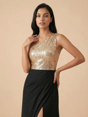 Elegant One-Shoulder Sequin Evening Gown with High Slit