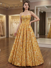 Radiant Rose Pink Floral Brocade Strapless A-Line Prom Dress