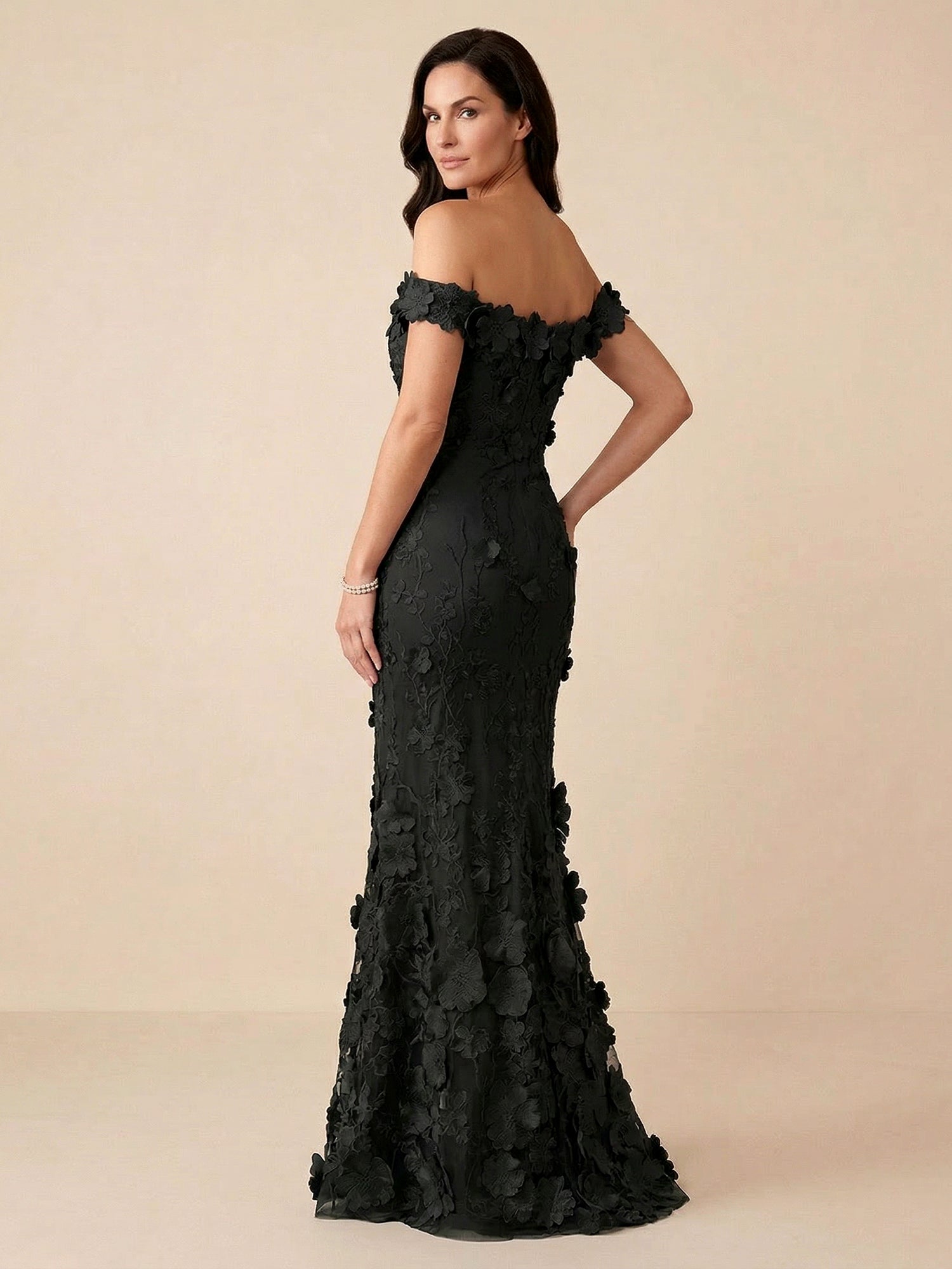 Black Off-the-Shoulder 3D Floral Mermaid Formal Gown Evening Dress