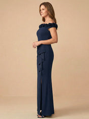 Off the Shoulder 3D Flower Mermaid Satin Mother of the Bride Dress with Ruffle