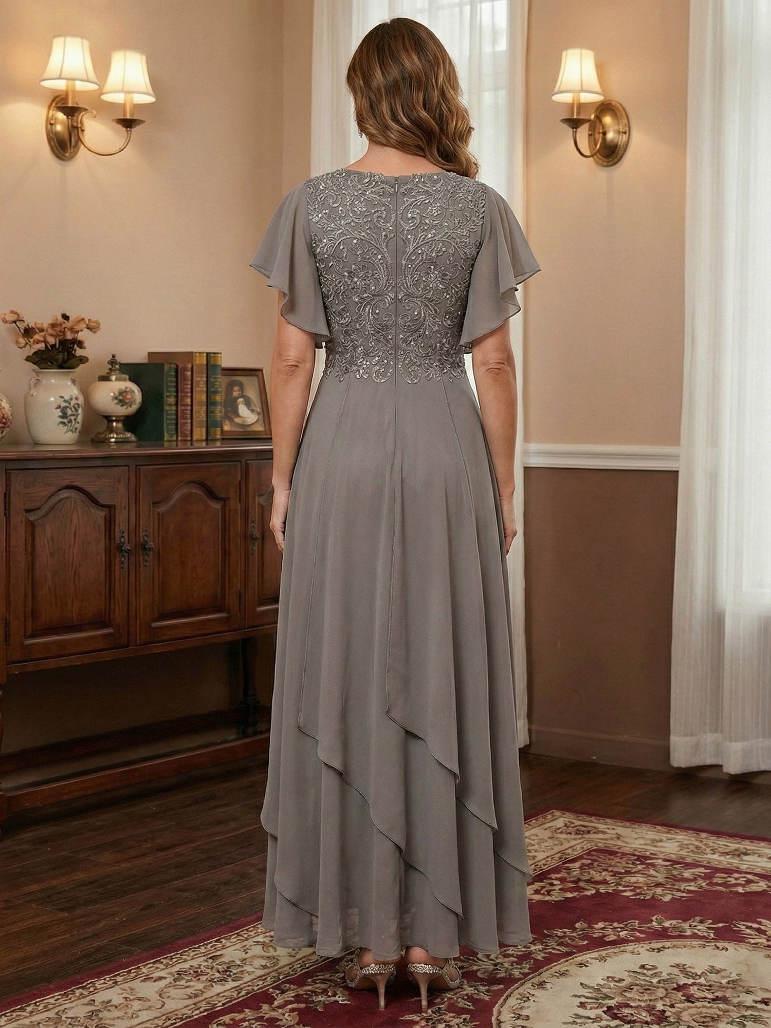 A-line V-Neck Ankle-Length Lace Chiffon Mother of the Bride Dress With Cascading Ruffles