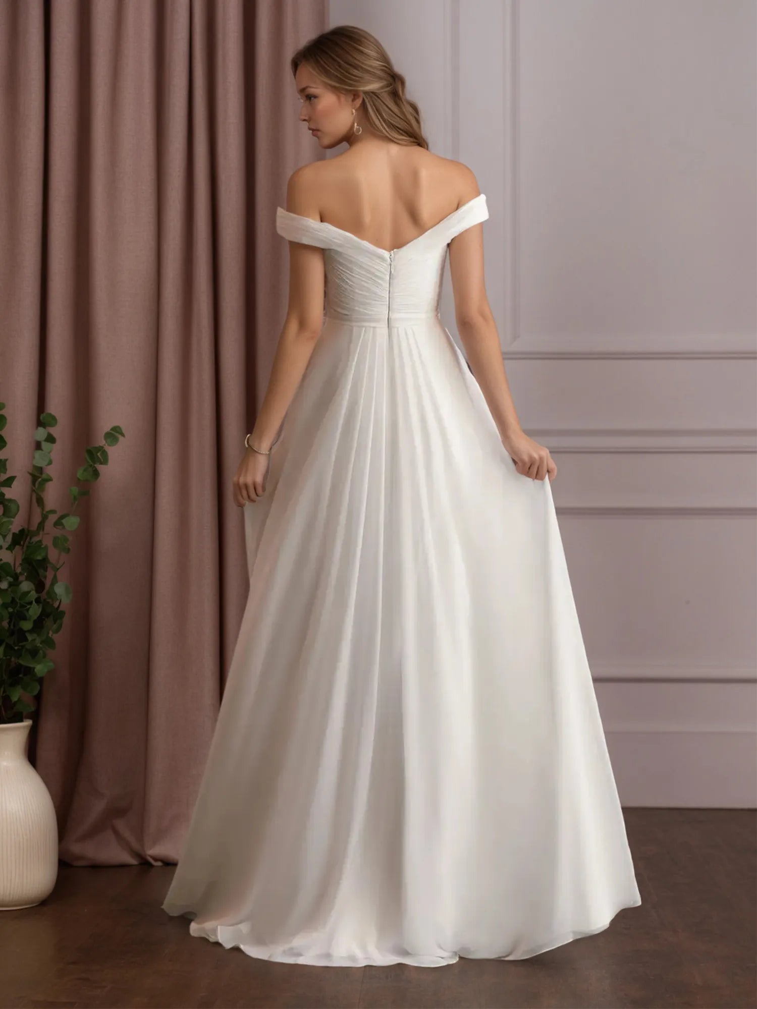 White A-Line Off The Shoulder Sequins Chiffon Wedding Dress