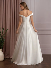 White A-Line Off The Shoulder Sequins Chiffon Wedding Dress
