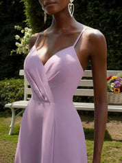 Light Purple Chiffon Spaghetti Gallus A-Line Maxi Bridesmaid Dress
