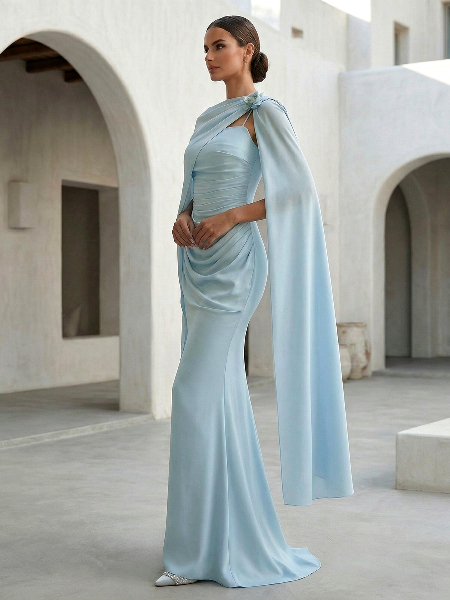 Light Blue Spaghetti Straps Mermaid Chiffon Evening Dress with Cape