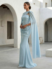 Light Blue Spaghetti Straps Mermaid Chiffon Evening Dress with Cape