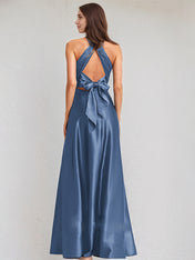 A Line Satin Halter Neck Sleeveless Floor Length Bridesmaid Dress