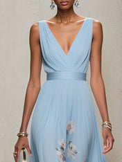 Light Blue Floral Chiffon V Neck Sleeveless A Line Maxi Dress