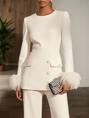 Women White Buckle Feather-trimmed Crew Neck Long Sleeve Dressy Top With Pants Two-Piece Set