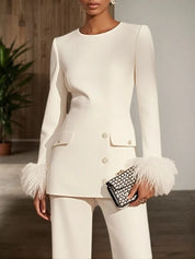 Women White Buckle Feather-trimmed Crew Neck Long Sleeve Dressy Top With Pants Two-Piece Set