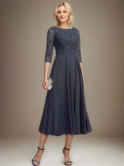 A-line Scoop Tea-Length Lace Chiffon Mother of the Bride Dress With Sequins
