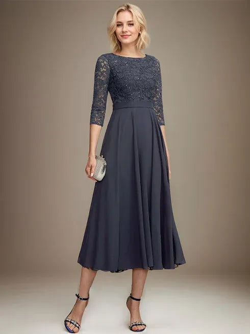 A-line Scoop Tea-Length Lace Chiffon Mother of the Bride Dress With Sequins