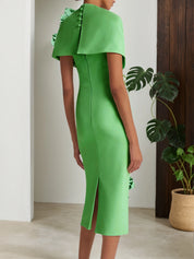 Green 3D Floral Classic V Neck Short Sleeve Sheath Midi Dress