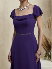 Purple Chiffon Square Neck Short Sleeve A-Line Maxi Bridesmaid Dress