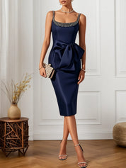 Purplish Blue Hotfix Embellished Bow Classic Crew Neck Sleeveless Sheath Midi Dress