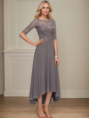 A-line Boat Neck Illusion Asymmetrical Chiffon Lace Mother of the Bride Dress With Sequins Beading