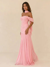 Off-The-Shoulder Ruched Chiffon Maxi Gown with Matching Neck Wrap