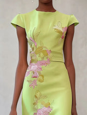 Green Floral Embroidered Cap Sleeve Sheath Maxi Dress with Slit