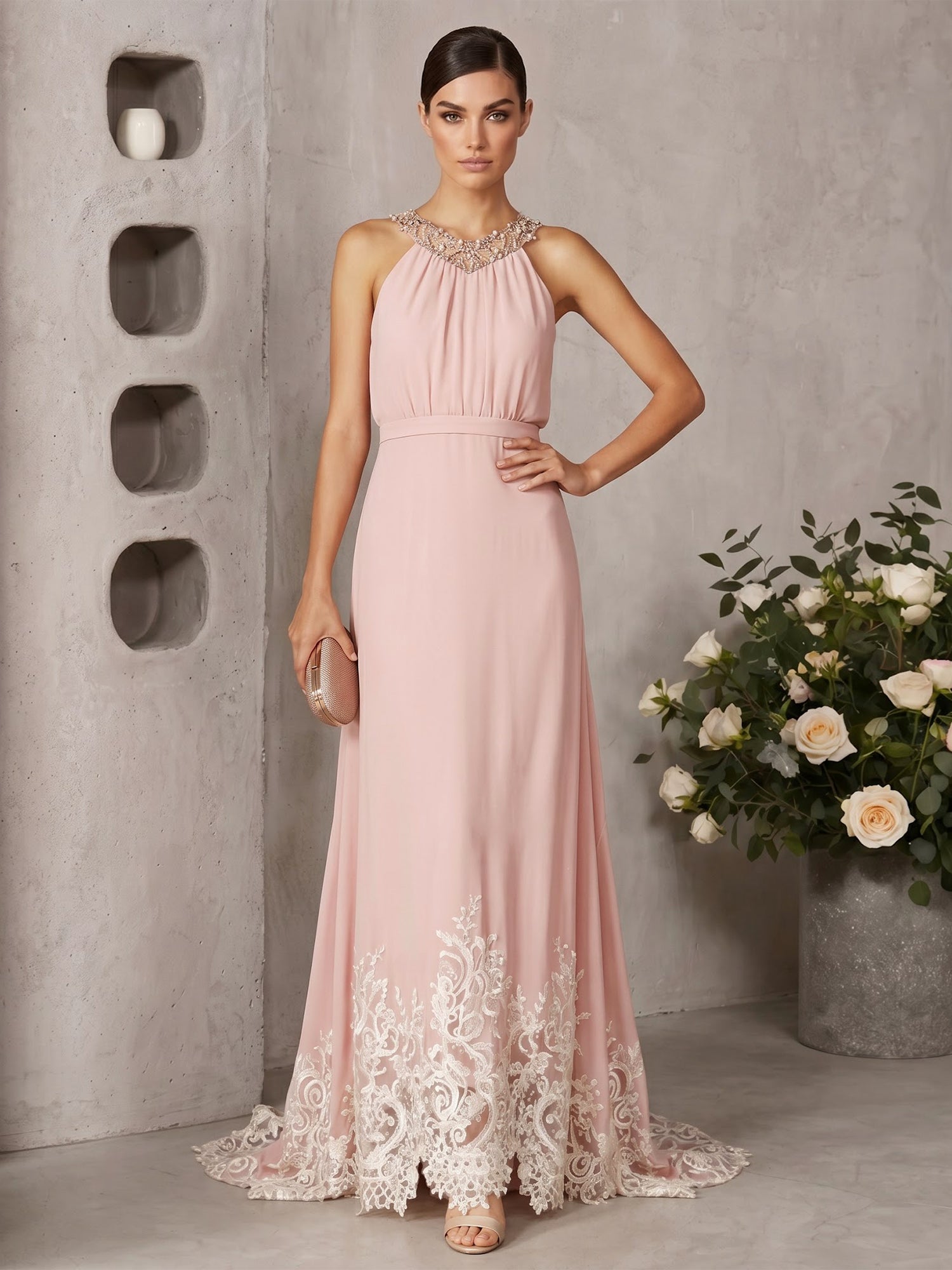 Pink Beaded Ruched Chiffon Halter Sleeveless A-Line Gown Maxi Dress