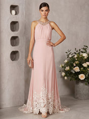 Pink Beaded Ruched Chiffon Halter Sleeveless A-Line Gown Maxi Dress