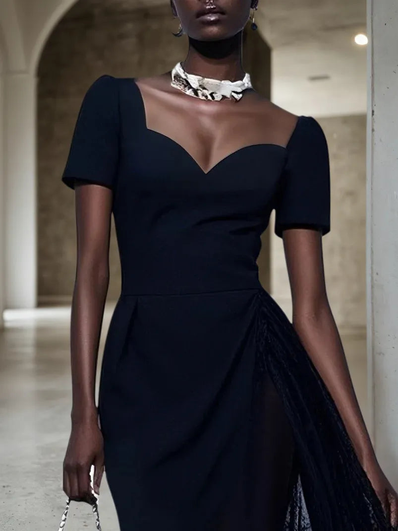 Dreamylily Women Black Lace Sweetheart Neckline Midi Sheath Dress