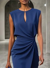 Purplish Blue Ruched Cut Out Classic Crew Neck Cap Sleeve Sheath/Column Midi Dress