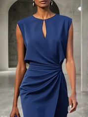 Purplish Blue Ruched Cut Out Classic Crew Neck Cap Sleeve Sheath/Column Midi Dress