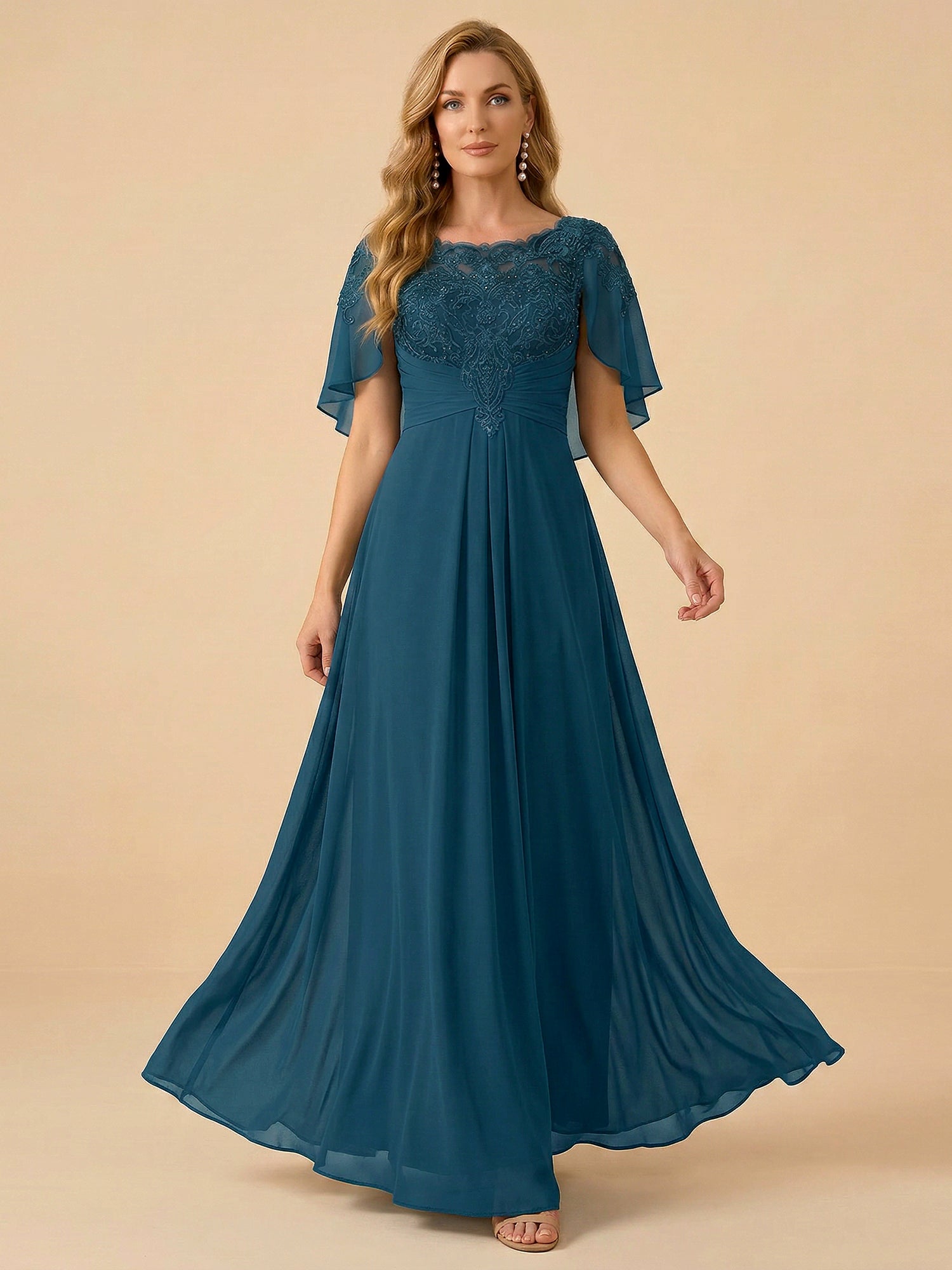 A-Line Lace Appliques Draped Back Chiffon Mother of the Bride Dress Maxi Dress