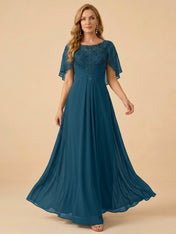 A-Line Lace Appliques Draped Back Chiffon Mother of the Bride Dress Maxi Dress