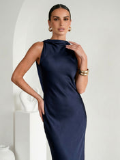 Navy Blue Scoop Neck Mermaid Satin Maxi Dress with Cape