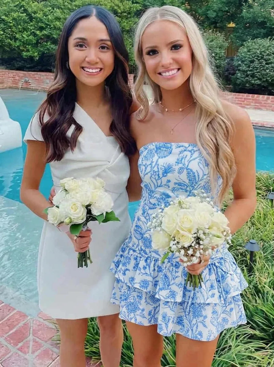 Elegant Strapless Blue Floral Mini Homecoming Dress with Tiered Ruffle Skirt and Lace-Up Back