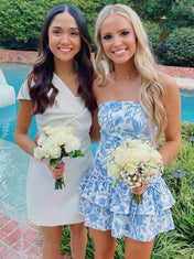 Elegant Strapless Blue Floral Mini Homecoming Dress with Tiered Ruffle Skirt and Lace-Up Back