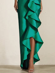 Green Satin Off The Shoulder Short Sleeve Asymmetrical Length Dress With Ruffles