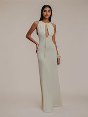 Ivory Chiffon Halter Neck Sleeveless Floor Length Pleated Bridesmaid Dress