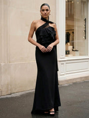 Black Halter Neck Mermaid Chiffon Evening Dress with Ruffle
