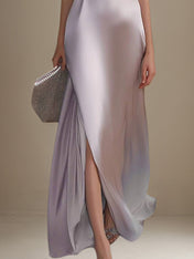 A Line Pink Pearl Satin V Neck Short Sleeves Formal Dress With Slit