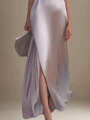 A Line Pink Pearl Satin V Neck Short Sleeves Formal Dress With Slit
